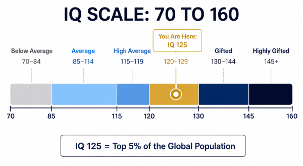 IQ 125 sits at the 95th percentile – Superior intelligence classification on the Wechsler scale