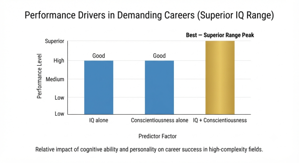 Research chart showing IQ plus conscientiousness outperforms IQ or conscientiousness alone at IQ 126