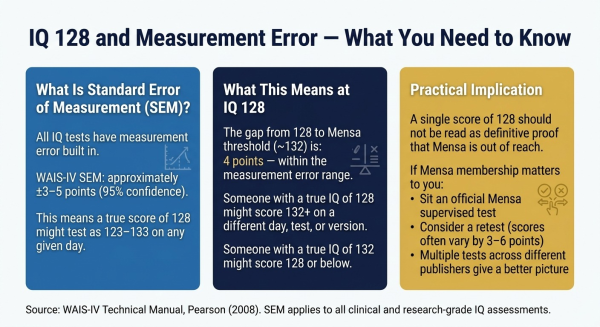 Diagram explaining IQ test measurement error and why IQ 128 may score differently on retest near the Mensa threshold