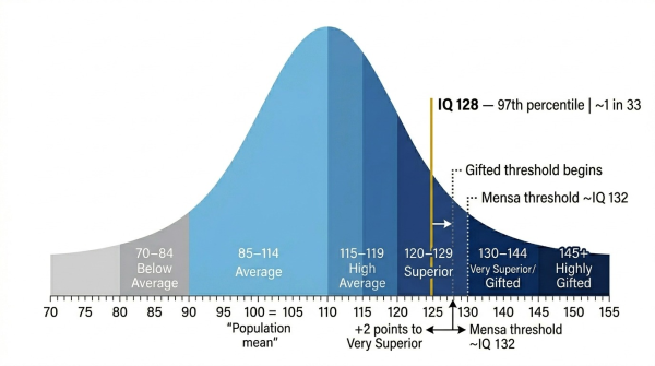 IQ 128 on population distribution scale at the 97th percentile showing proximity to gifted threshold at 130