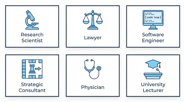 Career paths for IQ 129 — scientist, lawyer, engineer, strategist, academic