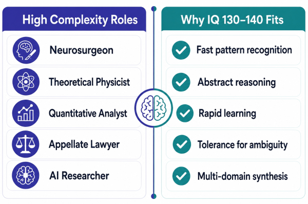 Specific career fields aligned with IQ 130 to 140 including research medicine law engineering and finance