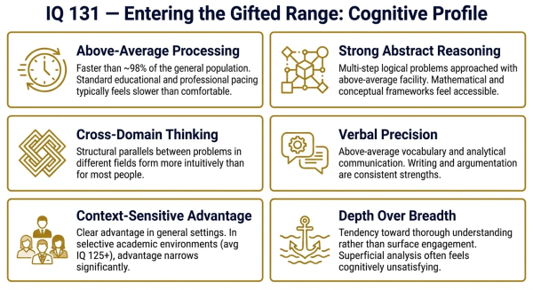 Overview of cognitive characteristics at IQ 131 the entry point of the gifted range including processing speed and abstract reasoning