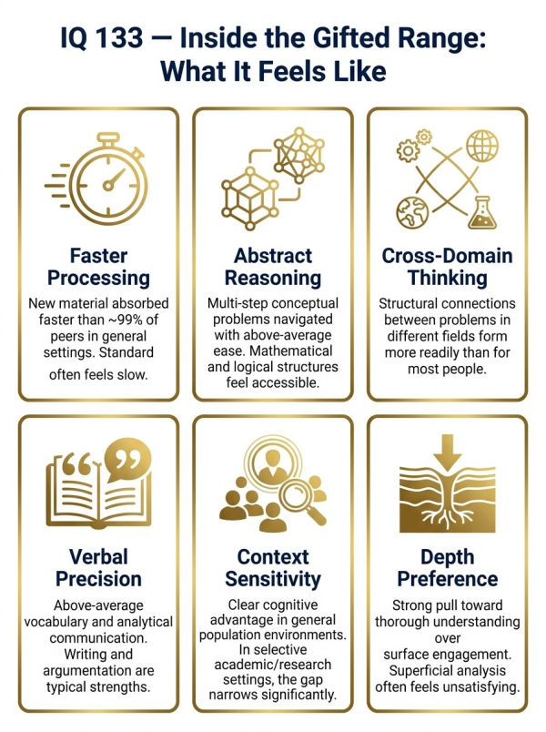 Overview of the daily cognitive experience at IQ 133 in the gifted range including processing speed and peer context