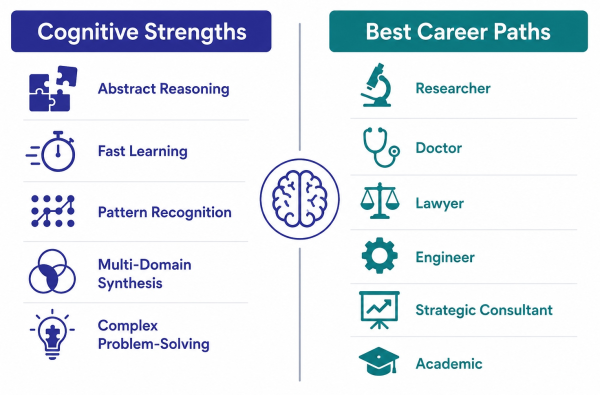 Infographic showing cognitive strengths and career paths associated with an IQ score of 135