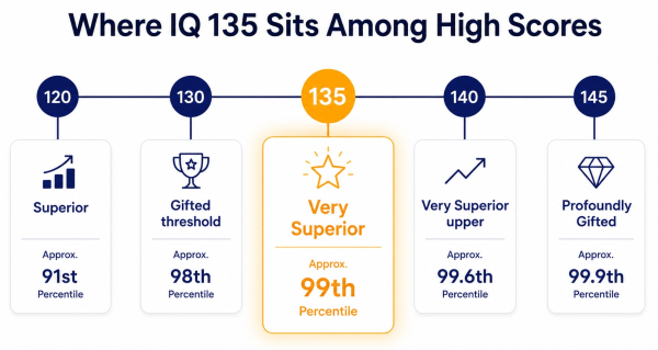 Diagram comparing IQ 135 with other high IQ scores and showing what separates gifted from profoundly gifted