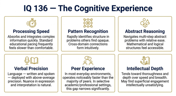 Overview of the cognitive experience at IQ 136 in the gifted range including processing speed and social experience