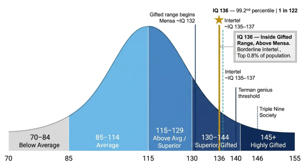 IQ 136 on population bell curve at 99.2nd percentile showing position within gifted range between Mensa and Intertel thresholds