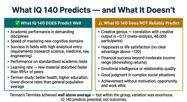 Research summary of what IQ 140 reliably predicts and what it does not predict about life outcomes