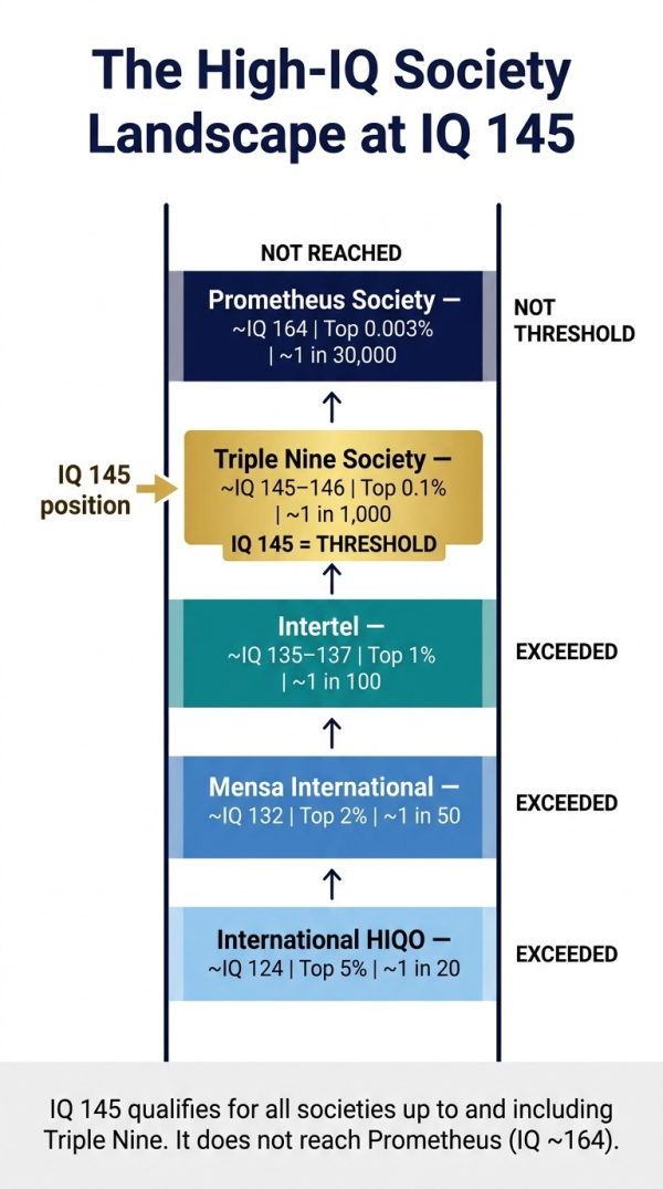 Overview of high IQ society thresholds showing where IQ 145 sits in the landscape from Mensa to Triple Nine to Prometheus