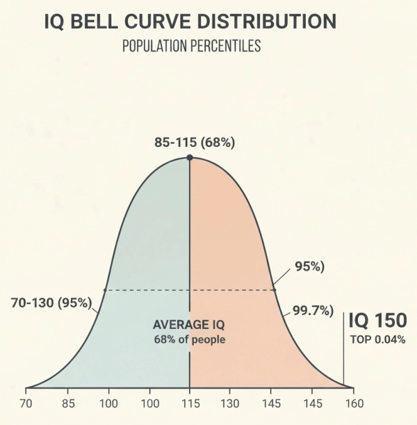 IQ bell curve showing how rare an IQ of 150 is in the global population