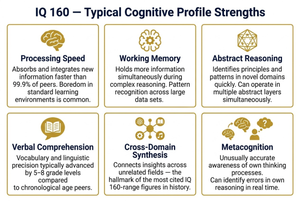 Overview of cognitive strengths and characteristics typically associated with IQ 160 profoundly gifted level