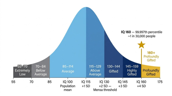 IQ 160 on population distribution scale showing its rarity at the 99.997th percentile
