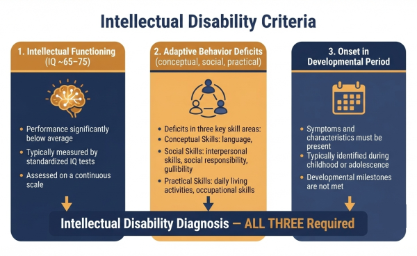 DSM-5 three-criteria model for intellectual disability — IQ score plus adaptive behavior plus developmental onset