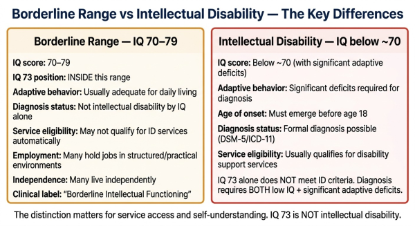 Comparison explaining the difference between Borderline intellectual functioning at IQ 73 and intellectual disability showing IQ 73 does not meet ID criteria