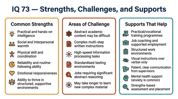 Three panel diagram showing common strengths challenges and available supports for people in the Borderline IQ range including IQ 73