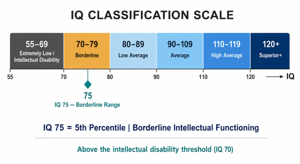 IQ 75 position on the intelligence scale — Borderline range between Average and Intellectual Disability