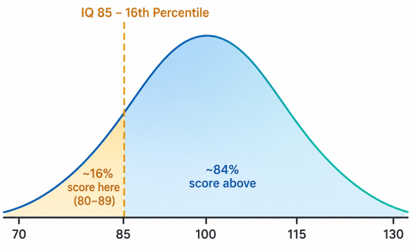 Bell curve showing IQ 85 in the low average range just below the population midpoint of 100