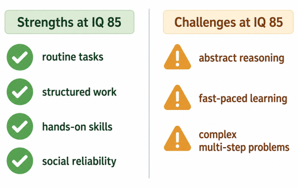 Infographic showing what cognitive traits and career paths are associated with an IQ score of 85