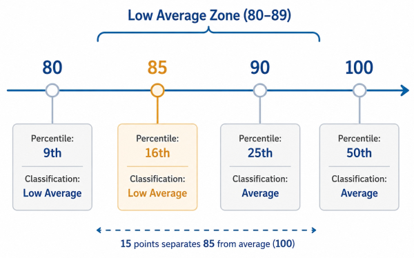Chart comparing IQ 85 with nearby scores and showing how small differences translate to real world outcomes