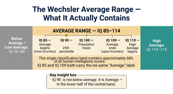 Diagram explaining what the Wechsler Average range means with IQ 90 shown inside it and what this classification represents