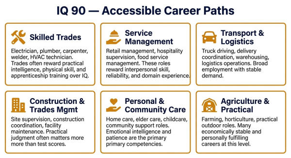 Overview of career paths and life paths accessible at IQ 90 showing wide range of fulfilling options in skilled trades service and practical roles