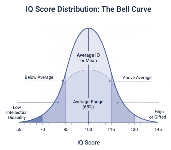 Bell curve showing IQ score distribution used in cognitive benchmarking