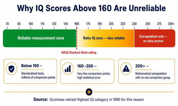 Diagram explaining why IQ scores above 160 are unreliable due to the ceiling effect