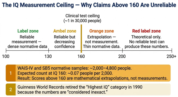 Diagram explaining why standard IQ tests cannot reliably measure above IQ 160 and why extreme IQ claims are statistically unreliable
