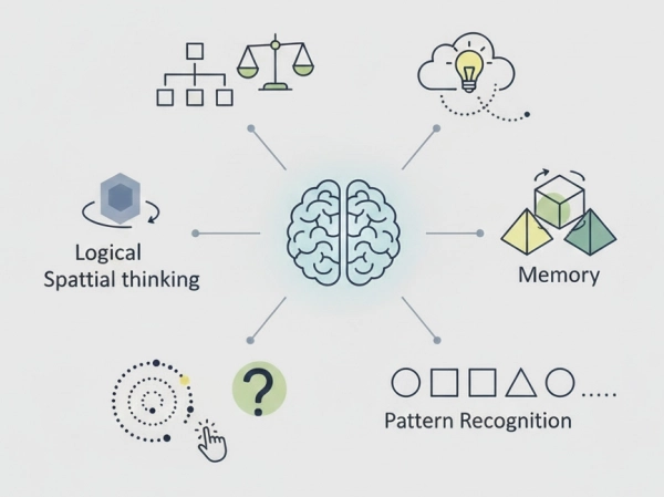 Illustration showing cognitive skills measured by IQ tests such as reasoning, memory, and pattern recognition