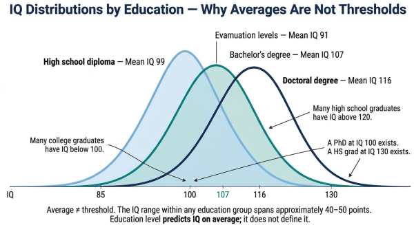 Bell curve diagram showing how IQ distributions overlap substantially across education levels demonstrating that averages are not thresholds