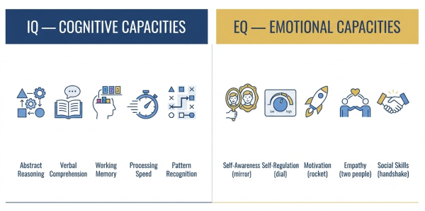 IQ versus EQ comparison — five cognitive IQ domains versus five Goleman EQ components