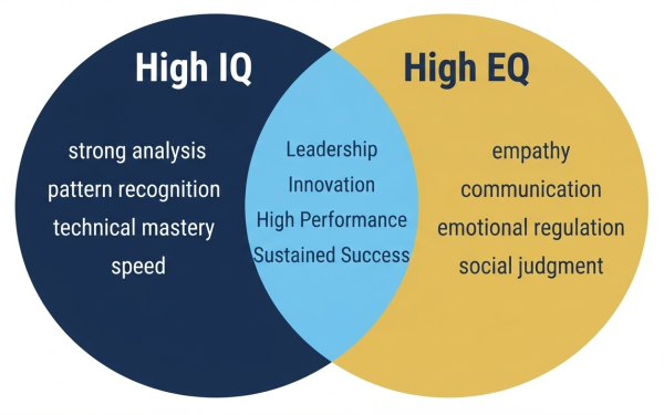 Research showing IQ vs EQ as predictors of job performance across career stages and roles