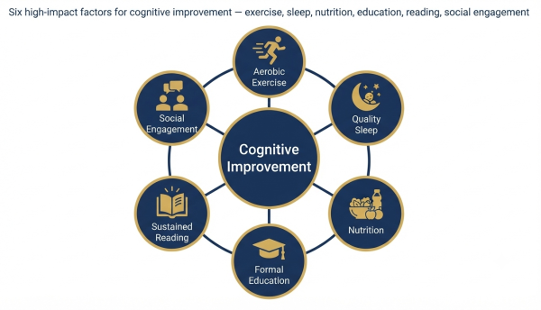 Six high-impact factors for cognitive improvement — exercise, sleep, nutrition, education, reading, social engagement