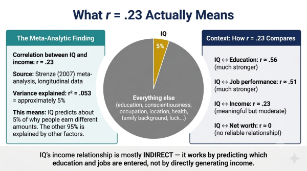 Diagram explaining what an r equals 0.23 correlation between IQ and income means in practical terms showing the wide scatter