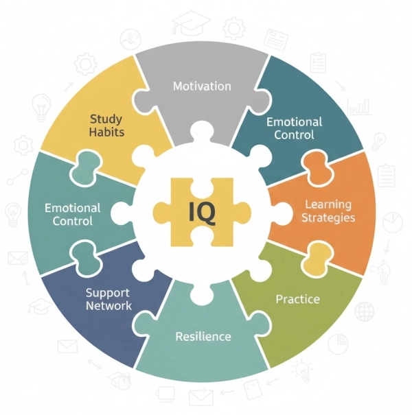 Illustration showing IQ as only one small part of academic success, alongside study skills, motivation, and emotional regulation