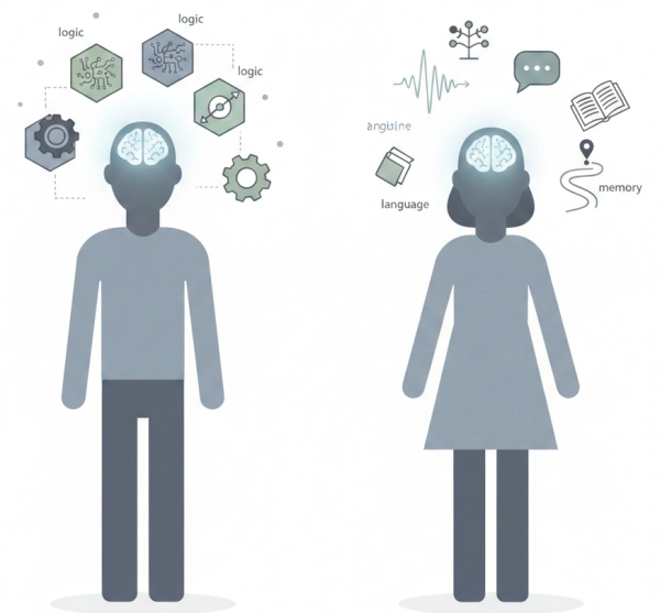 Scientific comparison of IQ between men and women, showing equal average intelligence with different cognitive strengths