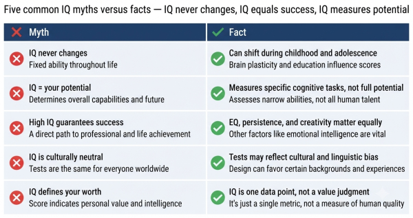 Five common IQ myths versus facts — IQ never changes, IQ equals success, IQ measures potential