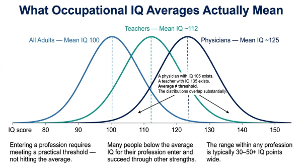 Diagram showing the wide overlap in IQ ranges across professions demonstrating that IQ average does not determine who enters any given profession
