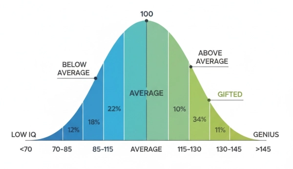 IQ scale bell curve showing score distribution from low to gifted and genius ranges