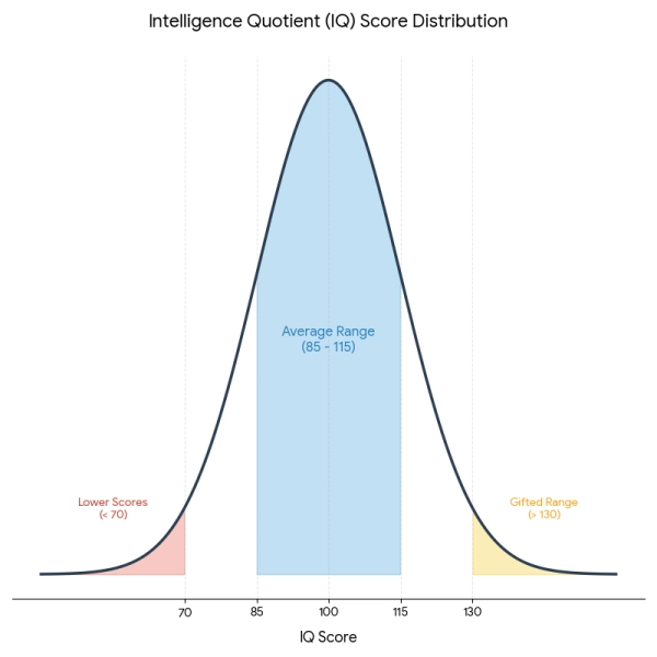 Bell curve diagram showing IQ score distribution with average, gifted, and below-average ranges