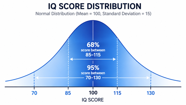Bell curve showing IQ score distribution with most people scoring between 85 and 115