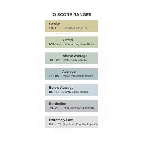 Infographic explaining IQ score ranges from extremely low to genius with brief descriptions