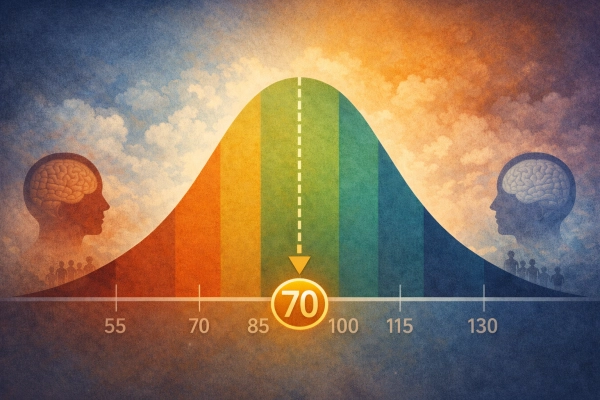 IQ score scale showing where an IQ of 70 falls within the broader intelligence distribution