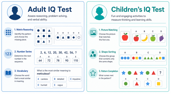 Side by side comparison of adult and children IQ test formats showing different question types and scoring methods