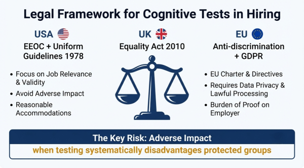 Legal framework for IQ tests in hiring — EEOC guidelines, adverse impact, job relevance requirement