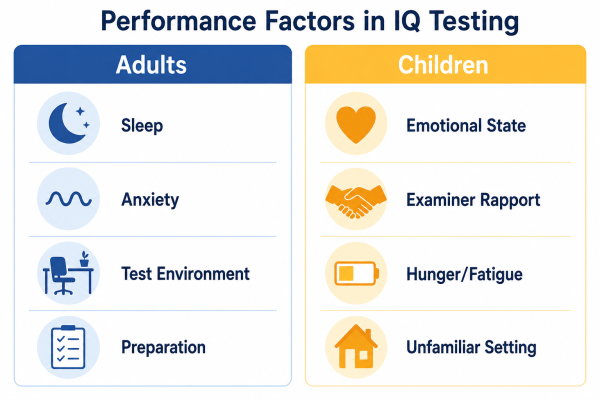 Comparison of factors affecting IQ test performance in adults versus children including anxiety sleep and environment
