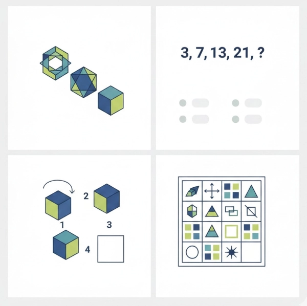 Visual examples of IQ test questions including pattern recognition, numerical reasoning, and spatial intelligence puzzles
