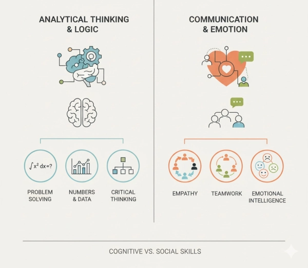Comparison showing cognitive abilities measured by IQ tests versus soft skills not assessed