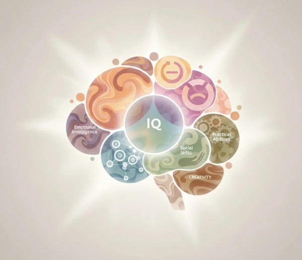 Conceptual illustration showing intelligence as multifaceted, including creativity, emotional intelligence, and practical skills beyond IQ